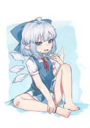 1girl ahoge ankle_strap bandaid bandaid_on_knee bandaid_on_leg bare_legs barefoot bell blue_bow blue_dress blue_eyes blue_hair border bow cirno collared_shirt dress flat_chest hair_bow highres hxj_(2324184595) ice ice_wings jingle_bell medium_hair melting neck_ribbon parted_lips pointy_ears puffy_short_sleeves puffy_sleeves red_ribbon ribbon shirt short_dress short_sleeves sitting solo toes touhou white_border wings