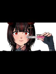 absurdres black_hair black_nails bluejump chain closed_mouth cross cross_earrings demon_horns earrings expressionless gloves grey_gloves highres holding holding_pregnancy_test horns jegal_geumja jewelry mannerheim0426 multicolored_hair pointing pregnancy_test red_eyes red_hair red_horns simple_background slit_pupils white_background