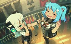 Rule 34 | 2girls, aqua eyes, aqua nails, artist name, bag, bare arms, black thighhighs, blue hair, blush, clothes around waist, clothes hanger, commentary, dated, digitan (porforever), electric plug, electric plug tail, english commentary, hair ornament, hair ribbon, hairclip, hand on own chin, heart, highres, holding, holding clothes hanger, indoors, jacket, jacket around waist, long hair, multiple girls, nail polish, neckerchief, open mouth, original, porforever, power symbol, red neckerchief, red ribbon, ribbon, robot ears, school uniform, serafuku, short sleeves, slingshot swimsuit, star-shaped pupils, star (symbol), swimsuit, symbol-shaped pupils, tail, thighhighs, twintails, unworn swimsuit, wavy mouth, white hair