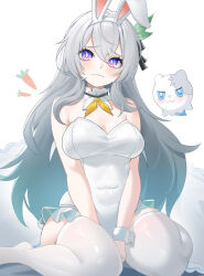 Rule 34 | 1girl, :3, absurdres, animal ears, blue pupils, blush, carrot, closed mouth, clothing cutout, collar, detached collar, di qi gang guang, frilled leotard, frills, gradient hair, grey hair, hair between eyes, hair intakes, hair ornament, hair ribbon, highres, honkai: star rail, honkai (series), leotard, long hair, multicolored eyes, multicolored hair, navel cutout, neck ribbon, orange ribbon, playboy bunny, rabbit ears, ribbon, simple background, sitting, solo, thighhighs, two-tone eyes, wariza, white background, white collar, white leotard, white thighhighs, wubbaboo (honkai: star rail)