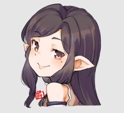 Rule 34 | 1girl, arulumaya, brown eyes, brown hair, closed mouth, commentary request, granblue fantasy, grey background, harvin, jingai modoki, long hair, looking at viewer, mole, mole under eye, pointy ears, simple background, smile, solo, upper body