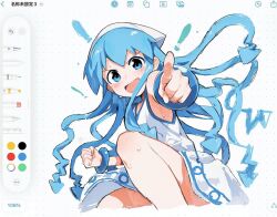 Rule 34 | !, 1girl, art program in frame, bangle, bare legs, blue eyes, blue hair, bracelet, clenched hand, commentary request, cropped legs, dress, freeboard (medium), freeboard (software), furrowed brow, hair between eyes, happy, headscarf, ikamusume, jewelry, knee up, kodak painter, light blush, long hair, long sidelocks, looking at viewer, open mouth, pointing, pointing at viewer, shinryaku! ikamusume, short dress, sidelocks, sitting, sleeveless, sleeveless dress, smile, solo, sweat, tareme, tentacle hair, very long hair, white background, white dress, white headscarf