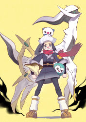 1girl absurdres akari_(pokemon) alternate_color arceus black_pantyhose black_shirt blush brown_footwear commentary creatures_(company) cyndaquil eyelashes game_freak gen_2_pokemon gen_4_pokemon gen_5_pokemon gen_7_pokemon grey_eyes grey_jacket grey_skirt headscarf highres hiro_(user_negm3832) jacket legendary_pokemon legs_apart logo looking_at_viewer loose_socks mythical_pokemon nintendo nose_blush oshawott pantyhose pokemon pokemon_(creature) pokemon_legends:_arceus rowlet shiny_pokemon shirt shoes sidelocks skirt smile socks standing starter_pokemon_trio white_headscarf white_headwear white_pantyhose yellow_background