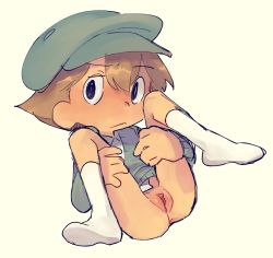 1boy brown_hair cuntboy hat highres luke_triton professor_layton pussy short_hair shota simple_background socks solo tnso uncensored