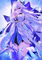 1girl artist_name bare_shoulders between_breasts black_shorts breasts broken broken_glass commentary crossed_bangs crystal_shards diamond-shaped_pupils diamond_(shape) dress elbow_gloves expressionless floating_hair genshin_impact glass glint gloves gradient_background gradient_gloves gradient_thighhighs hair_between_eyes hair_ornament highres holding holding_sword holding_weapon large_breasts light_particles looking_ahead night night_sky purple_background purple_gloves purple_thighhighs red_eyes short_dress short_shorts shorts skirk_(genshin_impact) sky solo sparkle standing star_(sky) sword symbol-shaped_pupils thighhighs thighs watermark weapon white_dress white_hair yuta_(kchimuuuuu)