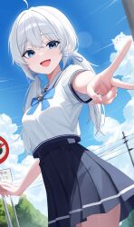 1girl absurdres ahoge black_skirt blue_eyes bow bowtie commentary cowboy_shot day fang gosegu high-waist_skirt highres korean_commentary long_hair looking_at_viewer low_twintails open_mouth outdoors outstretched_arm pleated_skirt sailor_collar school_uniform sei_(0724sei6) serafuku shirt shirt_overhang short_sleeves skirt smile solo twintails v virtual_youtuber waktaverse white_hair white_shirt