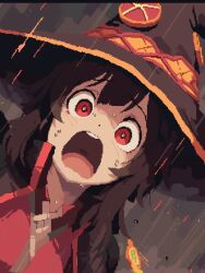 1girl ai-generated breasts brown_hair fire hat highres kono_subarashii_sekai_ni_shukufuku_wo! looking_at_viewer megumin open_mouth pixel_art red_eyes scared shaded_face small_breasts teeth witch_hat