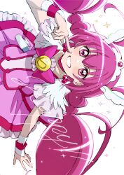 1girl absurdres antenna_hair blush bow bowtie brooch circle_skirt cure_happy earrings frilled_skirt frills grin hair_ornament hand_up highres hoshizora_miyuki index_finger_raised jewelry long_hair looking_at_viewer low_twintails magical_girl pink_bow pink_bowtie pink_eyes pink_hair pink_skirt precure shirako_love short_sleeves sideways simple_background skirt smile smile_precure! solo stud_earrings tiara twintails upper_body white_background wing_hair_ornament wrist_cuffs
