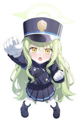 1girl absurdres arm_up armband black_boots black_hat black_jacket black_skirt blue_archive blue_armband blush boots buttons clenched_hands double-breasted fang from_above green_hair green_halo halo hat highres hikari_(blue_archive) jacket long_hair long_sleeves looking_at_viewer number-only_commentary open_mouth pantyhose peaked_cap pleated_skirt pointy_ears sidelocks simple_background skin_fang skirt solo very_long_hair wendao white_background white_pantyhose yellow_eyes