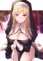 1girl bird black_dress black_veil blonde_hair blue_eyes blush breasts coif cross dress duck duckling garter_straps gloves highres large_breasts latin_cross long_hair long_sleeves looking_at_viewer ninoude_(ninoude44) nun original own_hands_clasped own_hands_together pelvic_curtain smile solo thighhighs traditional_nun veil white_gloves white_thighhighs