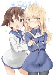 2girls absurdres aohashi_ame black_pantyhose blonde_hair blue_jacket blue_neckerchief blush brown_hair glasses highres jacket looking_at_viewer military military_uniform miyako_yoshika multiple_girls neckerchief open_mouth pantyhose perrine_h._clostermann shirt short_hair simple_background standing strike_witches white_background white_neckerchief white_shirt world_witches_series yellow_eyes