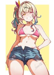 batta_16-sei bikini blonde_hair breasts denim denim_shorts heterochromia highres hoshikawa_sara long_hair medium_breasts navel nijisanji pink_bikini red_eyes shorts smile swimsuit teeth yellow_eyes