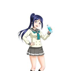 Rule 34 | 1girl, :d, anime coloring, aqua neckerchief, black socks, blue hair, blush, buttons, cowboy shot, double-breasted, drink, grey sailor collar, grey skirt, hand on own hip, hand up, holding, holding drink, long hair, long sleeves, looking at viewer, love live!, love live! school idol festival, love live! sunshine!!, matsuura kanan, miniskirt, neckerchief, official art, open mouth, plastic bottle, pleated skirt, ponytail, purple eyes, sailor collar, school uniform, serafuku, shirt, short sleeves, sidelocks, skirt, smile, socks, solo, standing, teeth, three quarter view, tie clip, transparent background, upper teeth only, uranohoshi school uniform, white shirt, winter uniform