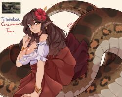 1girl a.c._hunter absurdres arm_up artist_name bare_shoulders black_scales bodice bracelet breasts brown_hair brown_scales cleavage closed_mouth colored_skin commentary creature_and_personification crystal_earrings earrings english_text flower hair_flower hair_ornament hibiscus highres jewelry lamia large_breasts long_hair looking_at_viewer monster_girl multicolored_skin original personification pointy_ears red_flower red_scales red_skirt shirt signature skirt slit_pupils smile solo very_long_tail white_shirt
