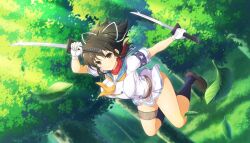 1girl asuka_(senran_kagura) blue_sailor_collar breasts brown_eyes brown_hair closed_mouth dolphin_wave forest game_cg gloves hair_ribbon hanzou_academy_school_uniform highres large_breasts leaf looking_at_viewer midair nature neckerchief non-web_source official_alternate_costume official_art ponytail red_scarf ribbon sailor_collar scarf school_uniform senran_kagura senran_kagura_new_link short_ponytail smile sword wakizashi weapon white_gloves white_ribbon yellow_neckerchief