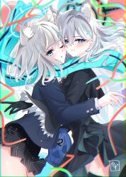 Rule 34 | 2girls, absurdres, ahoge, animal ear fluff, animal ears, black dress, black gloves, black skirt, blue archive, blue eyes, blue jacket, blue mask, blue scarf, blush, cross hair ornament, dress, gloves, grey hair, hair between eyes, hair ornament, highres, jacket, kazu (kauk3753), long hair, looking at viewer, multiple girls, one eye closed, open mouth, parted lips, plaid clothes, plaid skirt, scarf, shiroko (blue archive), shiroko terror (blue archive), sidelocks, skirt, smile, wolf ears, wolf girl