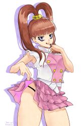 1girl absurdres amano_nene_(digimon_xros_wars) artcetona black_panties breasts brown_hair clothes_lift cowboy_shot digimon digimon_xros_wars finger_to_mouth frilled_skirt frills highres large_breasts missing_commentary panties pink_shirt pink_skirt purple_eyes shadow shirt simple_background skirt skirt_lift solo tongue tongue_out underwear white_background white_shirt