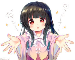 1girl black_hair blunt_bangs blush bow commentary_request houraisan_kaguya incoming_hug long_hair long_sleeves looking_at_viewer open_mouth outstretched_arms pink_shirt ramudia_(lamyun) red_eyes red_skirt shirt skirt solo touhou translated twitter_username upper_body very_long_hair white_background white_bow wide_sleeves