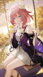Rule 34 | 1girl, absurdres, bare shoulders, blue eyes, breasts, closed mouth, coat, commentary, cyrene (honkai: star rail), dress, feet out of frame, hair ornament, highres, honkai: star rail, honkai (series), jewelry, looking at viewer, maria (maria rose), medium hair, necklace, on swing, outdoors, pink hair, pink pupils, purple coat, small breasts, smile, solo, swing, swinging on swing, white dress