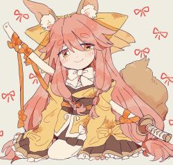 Rule 34 | 1girl, animal ears, blush, fate/samurai remnant, fate (series), fox ears, fox girl, fox tail, highres, kagami (tsum kg), katana, long hair, looking at viewer, pink hair, sitting, sketch, smile, solo, sword, tail, tamamo (fate), tamamo aria (fate), weapon, yellow eyes