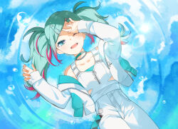1girl absurdres blue_sky bubble choker colored_inner_hair commentary_request cowboy_shot green_eyes green_hair hatsune_miku highres jacket leo/need_miku looking_at_viewer lying multicolored_hair omutatsu on_back one_eye_closed open_mouth pants pink_hair project_sekai reflection ripples shading_eyes sky smile solo tank_top twintails vocaloid white_jacket white_pants white_tank_top zipper