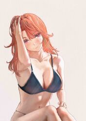 1girl absurdres arm_up bikini black_bikini breasts cleavage closed_mouth collarbone hair_down hand_in_own_hair head_tilt highres hololive hololive_english large_breasts looking_at_viewer multicolored_hair navel orange_hair purple_eyes satoki simple_background sitting smile solo stomach streaked_hair swimsuit takanashi_kiara virtual_youtuber