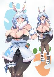 1girl absurdres animal_ears bare_shoulders bent_over black_leotard black_pantyhose blue_hair blush braid braided_ponytail breasts carrot_in_pocket cleavage cosplay curvy don-chan_(usada_pekora) dress fur-trimmed_dress fur_trim highres hololive huge_breasts julioalqae large_breasts leotard leotard_under_clothes long_hair looking_at_viewer mature_female multicolored_hair open_mouth pantyhose pekomama playboy_bunny rabbit_ears rabbit_girl short_eyebrows smile solo streaked_hair teeth thick_thighs thigh_gap thigh_strap thighs upper_teeth_only usada_pekora usada_pekora_(1st_costume) usada_pekora_(cosplay) virtual_youtuber white_hair wide_hips