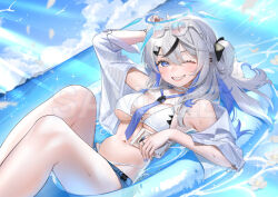 1girl bikini black_hair black_ribbon blue_eyes blue_hair blue_necktie commentary_request eyewear_on_head grey_hair hair_between_eyes hair_ornament hair_ribbon indie_virtual_youtuber innertube kurusu_eru long_hair looking_at_viewer mayuri_kaichou multicolored_hair necktie ocean one_eye_closed ribbon sample_watermark solo swim_ring swimsuit teeth virtual_youtuber watermark white_bikini