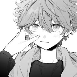 1boy akehoshi_subaru cheek_pinching closed_mouth crosshatching ensemble_stars! furrowed_brow greyscale hair_between_eyes hatching_(texture) highres jacket linear_hatching looking_at_viewer maki_keigo male_focus monochrome open_clothes open_jacket out_of_frame pinching portrait short_hair simple_background white_background