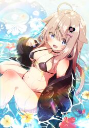 Rule 34 | 1girl, :d, absurdres, ahoge, animal ears, bare shoulders, bikini, bikini under clothes, black bikini, black choker, black jacket, blue eyes, blue nails, blush, bow, breasts, brown hair, cat ears, cat girl, cat tail, choker, cleavage, collarbone, commission, day, fang, feet out of frame, flower, front-tie bikini top, front-tie top, hair between eyes, hair bow, hair ornament, hairclip, hand up, heart, heart hair ornament, hibiscus, highres, innertube, jacket, knees up, long hair, long sleeves, looking at viewer, medium breasts, multicolored nails, nail polish, navel, off shoulder, open clothes, open jacket, open mouth, original, partially submerged, pink bow, puffy long sleeves, puffy sleeves, purple nails, red flower, shiro9jira, sitting, skeb commission, sleeves past wrists, smile, solo, swim ring, swimsuit, tail, very long hair, water, wet, x hair ornament, yellow flower