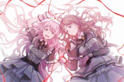 2girls absurdres bang_dream! bang_dream!_it&#039;s_mygo!!!!! belt belt_buckle black_belt black_ribbon blue_eyes breasts brooch brown_hair buckle chihaya_anon chinese_commentary closed_mouth clothing_cutout commentary_request dress earrings frilled_dress frills grey_eyes hair_spread_out highres holding_hands jewelry long_hair looking_at_another lying medium_breasts multiple_girls muonrei00 nagasaki_soyo neck_ribbon open_mouth pink_hair puffy_short_sleeves puffy_sleeves ribbon short_sleeves shoulder_cutout sidelocks string string_of_fate teeth upper_teeth_only white_dress yellow_brooch yuri