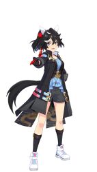 Rule 34 | 1girl, animal ears, bad link, belt, black hair, black shorts, black vest, blue eyes, blue shirt, button gap, ear covers, full body, game model, gloves, hair between eyes, hair ornament, highres, horse ears, horse girl, horse tail, jacket, katsuragi ace (umamusume), long sleeves, looking at viewer, multicolored hair, open clothes, open mouth, pointing, pointing at viewer, ponytail, shirt, shoes, short hair, short shorts, short sleeves, shorts, smile, socks, solo, standing, streaked hair, tachi-e, tail, tassel, tassel hair ornament, transparent background, two-tone gloves, umamusume, v-shaped eyebrows, vest, white hair