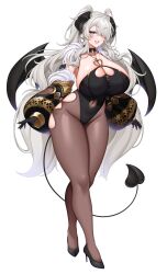 1girl absurdres armpit_crease backless_leotard black_choker black_gloves black_horns black_leotard black_shoes black_sleeves black_wings breasts brown_pantyhose choker cleavage clothing_cutout collarbone commentary_request covered_navel demon_girl demon_horns demon_tail demon_wings detached_sleeves earrings eyes_visible_through_hair from_side full_body fur-trimmed_sleeves fur_shawl fur_trim gloves gold_trim grey_hair hair_intakes hair_over_one_eye halterneck heart heart_cutout heart_earrings high_heels highleg highleg_leotard highres hip_vent horns huge_breasts indie_virtual_youtuber jewelry leaning_forward leotard long_hair long_sleeves mole mole_on_breast navel_cutout open_mouth pantyhose petra_nightmare puffy_long_sleeves puffy_sleeves second-party_source shawl shoes sideboob sidelocks sideways_glance simple_background sleeve_cuffs smile solo standing suruga_(xsurugax) tail teeth thighs twintails upper_teeth_only variant_set very_long_hair virtual_youtuber white_background wings