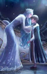 1boy 1girl aurora black_footwear black_gloves building cloak craple crown dress earrings floating_earring gloves highres ice imminent_kiss jewelry leaning_forward long_dress mermaid_dress night original outdoors profile reflection see-through_clothes sled snowing socks standing two-tone_dress white_socks winter