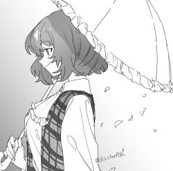 1girl absurdres ascot breasts closed_mouth collared_shirt falling_petals frilled_ascot frilled_umbrella frills from_side gradient_background greyscale highres holding holding_umbrella kazami_yuuka looking_ahead mero_(starfish_jcs) monochrome open_clothes open_vest parasol petals plaid_clothes plaid_vest profile shirt short_hair smile solo touhou twitter_username umbrella vest