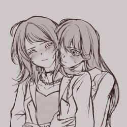 Rule 34 | 2girls, bang dream!, bang dream! it&#039;s mygo!!!!!, blush, chain, chain necklace, choker, closed eyes, closed mouth, commentary, greyscale, hashtag-only commentary, highres, hug, hug from behind, jacket, jewelry, long hair, long sleeves, mole, mole under eye, monochrome, multiple girls, necklace, saizz2n, shiina taki, sweatdrop, yahata umiri, yuri