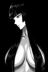 1girl absurdres blunt_bangs breasts closed_mouth commentary greyscale hair_over_breasts highres hime_cut large_breasts long_hair monochrome mostlybluewyatt original profile signature solo turning_head upper_body
