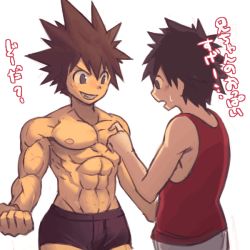 2boys abs animated animated_gif black_eyes black_hair briefs brown_hair child flexing grin male_focus male_underwear multiple_boys muscular nikism original pectorals poking shirt singlet sleeveless sleeveless_shirt smile spiked_hair sweatdrop text_focus topless_male translation_request underwear veins
