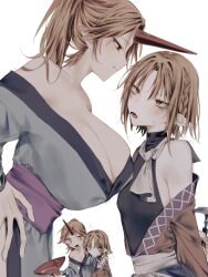 2girls alcohol asymmetrical_docking bare_shoulders blonde_hair blue_kimono braid breast_press breasts chibi chibi_inset cleavage covered_erect_nipples cup dededon_(2suy_aas) fang half_updo hands_on_own_hips highres holding holding_cup horns hoshiguma_yuugi hoshiguma_yuugi_(kimono) japanese_clothes kimono large_breasts mizuhashi_parsee multiple_girls notice_lines off_shoulder oni pointy_ears red_eyes sakazuki sash scarf short_hair single_horn skin_fang small_breasts sweat touhou upper_body white_background white_sash white_scarf yellow_eyes