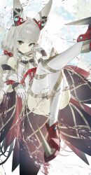 Rule 34 | 1girl, absurdres, animal ear fluff, animal ears, bare shoulders, blunt bangs, brown hair, cat ears, cat girl, chest jewel, closed mouth, commentary request, detached sleeves, dress, floating, gloves, grey hair, hair intakes, highres, long hair, looking at viewer, low twintails, nia (xenoblade), red rope, rope, shimenawa, shoes, smile, solo, songchuan li, spiked shoes, spikes, thighhighs, thighs, twintails, very long hair, white dress, white gloves, white thighhighs, xenoblade chronicles (series), xenoblade chronicles 2