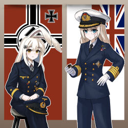 2girls anchor_symbol animal_ears badge black_headwear black_necktie black_ribbon blonde_hair blue_eyes blue_headwear blue_jacket blue_pants border breast_pocket brown_hair buttoned_cuffs buttons chinese_commentary closed_mouth commentary_request cowboy_shot cross feet_out_of_frame flag_background germany gloves grey_border hair_ornament hairclip hand_on_own_hip hat hat_ornament highres holding holding_smoking_pipe iron_cross jacket kriegsmarine lapels long_hair long_sleeves looking_at_viewer lop_rabbit_ears military military_dress_uniform military_hat military_jacket military_uniform monocle multicolored_ribbon multiple_girls naval_dress_uniform signal_flag naval_uniform navy nazi_war_ensign necktie notched_lapels on_stool original outline outside_border own_hands_together pants parted_lips peaked_cap peaked_lapels pocket rabbit_ears red_ribbon reichsadler ribbon ribbon_bar round_eyewear royal_navy shield_hair_ornament shirt sitting smile smoking_pipe star_(symbol) stool striped_clothes striped_jacket swastika union_jack united_kingdom unworn_hat unworn_headwear weimar_29 white_gloves white_hair white_headwear white_outline white_ribbon white_shirt world_war_ii