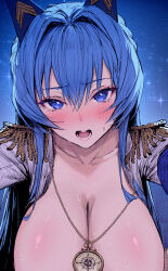 1girl blue_eyes blue_hair breasts cleavage collarbone compass cropped goddess_of_victory:_nikke hair_between_eyes hair_intakes haoni helm_(nikke) highres horns jewelry large_breasts long_hair lower_teeth_only mechanical_horns military_uniform necklace open_clothes open_mouth open_shirt pov sidelocks sweat teeth