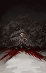 1boy black_necktie blonde_hair blood blood_on_clothes blood_on_face blood_on_feet blood_on_ground chainsaw_man collared_shirt crying death denji_(chainsaw_man) eternity_devil_(chainsaw_man) extra_eyes extra_faces extra_legs extra_mouth highres looking_at_viewer mutilation nakano_(2_mannaka) necktie pool_of_blood shirt short_hair teeth v white_shirt