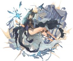 Rule 34 | 1girl, absurdres, animal ears, bandaged arm, bandages, barefoot, belt, black cloak, black hair, broken, broken chain, brown eyes, cage, chain, cloak, crystal, game cg, gradient hair, hair between eyes, heterochromia, highres, lock, momo (sword of convallaria), multicolored hair, non-web source, official art, padlock, padlocked collar, rags, scar, scar across eye, scar on face, single ankle cuff, solo, sword of convallaria, tail, torn cloak, torn clothes, transparent background, white eyes, white hair