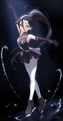 1girl arm_up black_dress black_gloves black_hair commentary_request dress elbow_gloves figure_skating_dress gloves hair_between_eyes highres ice_skates ice_skating jinami_(273_j2) kamisaki_hikaru long_hair medalist_(manga) pantyhose ponytail skates skating solo white_pantyhose yellow_eyes
