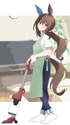 1girl admire_vega_(umamusume) animal_ears apron brown_hair casual commentary denim full_body hair_between_eyes hair_ornament highres horse_ears horse_tail jeans long_hair looking_at_viewer nel-c pants ponytail purple_eyes socks solo tail umamusume vacuum_cleaner white_socks