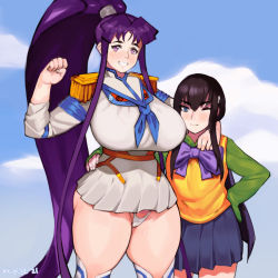2girls alternate_breast_size black_hair blue_eyes blush bow breasts cameltoe cosplay costume_switch crossover curvy eiken epaulettes fist_pump grin highres huge_breasts junketsu keigi kill_la_kill kiryuuin_satsuki long_hair looking_at_viewer misono_kirika multiple_girls one_eye_closed panties purple_eyes purple_hair school_uniform smile sweatdrop swirl thick_eyebrows thick_thighs thighs underwear very_long_hair wide_hips