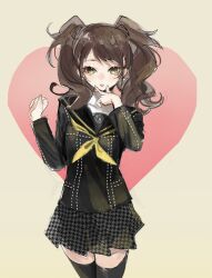Rule 34 | 1girl, black sailor collar, black shirt, black thighhighs, brown eyes, brown hair, cowboy shot, earrings, hand to own mouth, hands up, heart, heart background, highres, houndstooth, jewelry, kujikawa rise, long sleeves, looking at viewer, meameeea, neckerchief, parted lips, persona, persona 4, sailor collar, school uniform, shirt, solo, sphere earrings, thighhighs, twintails, v, v over mouth, yasogami school uniform, yellow neckerchief