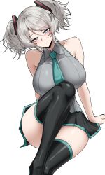 1girl absurdres aqua_necktie bare_shoulders black_skirt black_thighhighs blue_eyes blush breasts closed_mouth collared_shirt commentary cosplay english_commentary faust_(project_moon) grey_shirt hatsune_miku hatsune_miku_(cosplay) highres huge_breasts limbus_company looking_at_viewer miniskirt necktie pleated_skirt project_moon shirt short_hair short_twintails simple_background sitting skirt sleeveless sleeveless_shirt solo thick_thighs thighhighs thighs twintails vocaloid vvernerluniq white_background white_hair zettai_ryouiki
