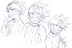 1boy 2017 blush capcom child child_only embarrassed headband highres kanarikoime lan_hikari_(mega_man) male male_focus mega_man_(series) mega_man_battle_network monochrome nervous nervous_smile sketch smile solo_focus sweatdrop